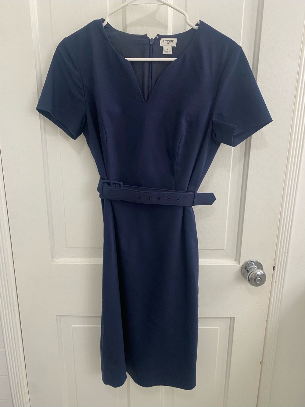 J. Crew Navy V-Notch Belted Midi Dress